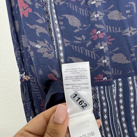 Lucky Brand Top Large Blue Square Stitch Print Embroidered V-Neck Boho Peasant - Picture 6 of 10